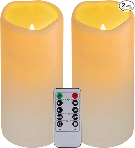 Flickering Flameless LED Candles with 10-Key Remote & Timer, Waterproof Outdoor Indoor f Battery Operated Candles for Home/Wedding/Festival Décor Set of 2 (D3 x H5.5) Ivory