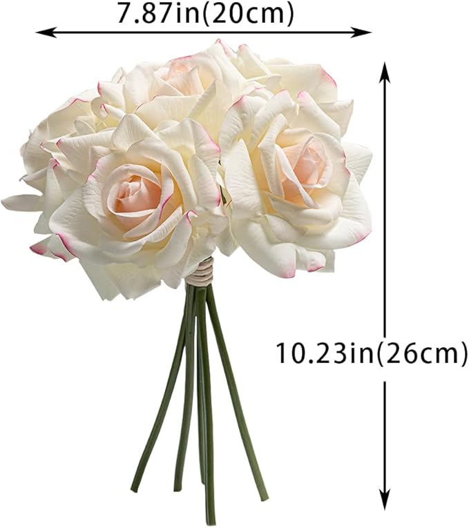 Artificial Roses Single Stem 10pcs Fake Silk Flower Arrangement Bouquet Real Touch for Home Party Wedding Decoration(Pink Edge)