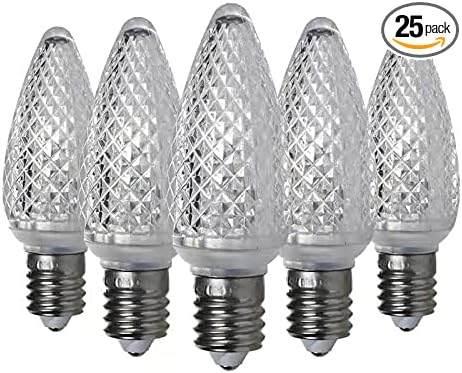 Set of 25 C9 White Faceted Cover Led Replacement Light Bulbs, Dimmable High Brightness E17 Christmas Decorative String Lights for Outdoor Holiday Decoration (White)
