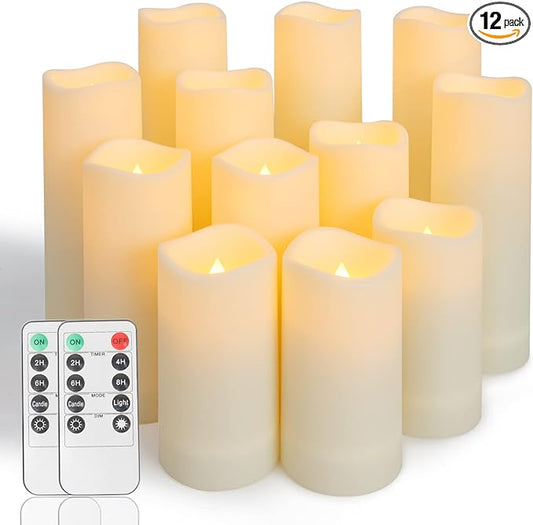 Metaku Flameless Flickering LED Candles Set of 12 - Battery Operated Ivory with Remote & Timer for Halloween, Christmas, Bedroom, Home, Wedding, Birthday Decoration D2.2'' x H4''5''6''7''