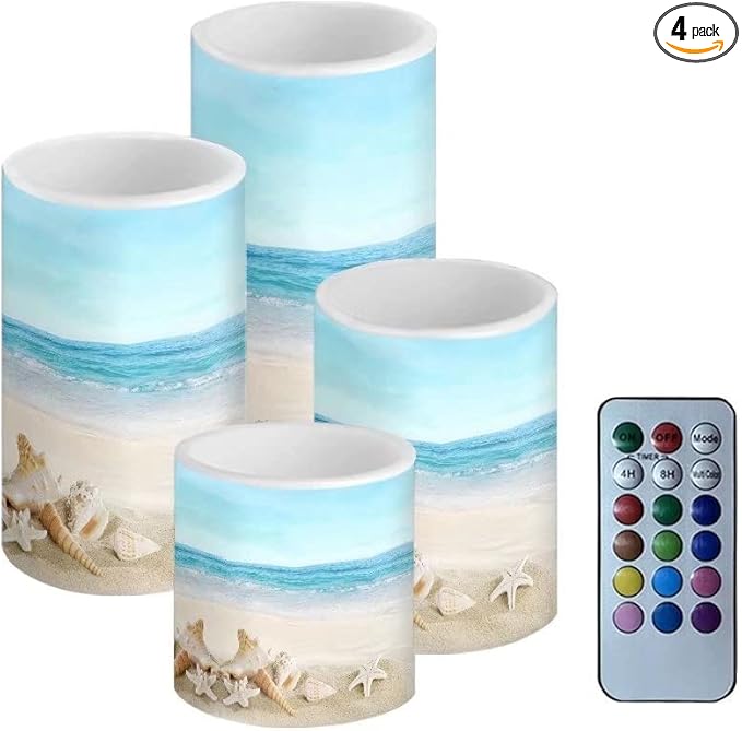 Beach Starfish Flameless Light Candles with 4H 8H Timer, Battery Operated Candles with 18-Key Remote Flickering Smokeless Pillar Candles-4PCS