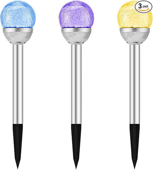 3 Pack Color Changing Outdoor Solar Landscape Lights - Waterproof Cracked Glass Ball LED Pathway Lights for Patio Garden Pathway Decoration