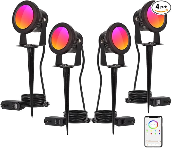 Smart Outdoor Lights,15w Halloween Lights with US Plug,12V APP Control Spotlight with Waterproof,Dimmable Spot Lights with Timer（NO Remote）