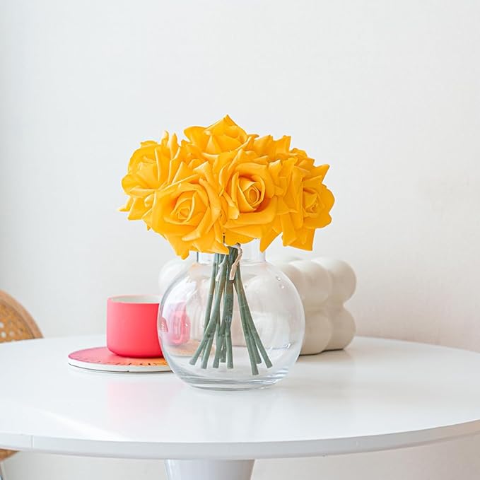 Artificial Roses Single Stem 10pcs Fake Silk Flower Arrangement Bouquet Real Touch for Home Party Wedding Decoration(Orange Yellow)