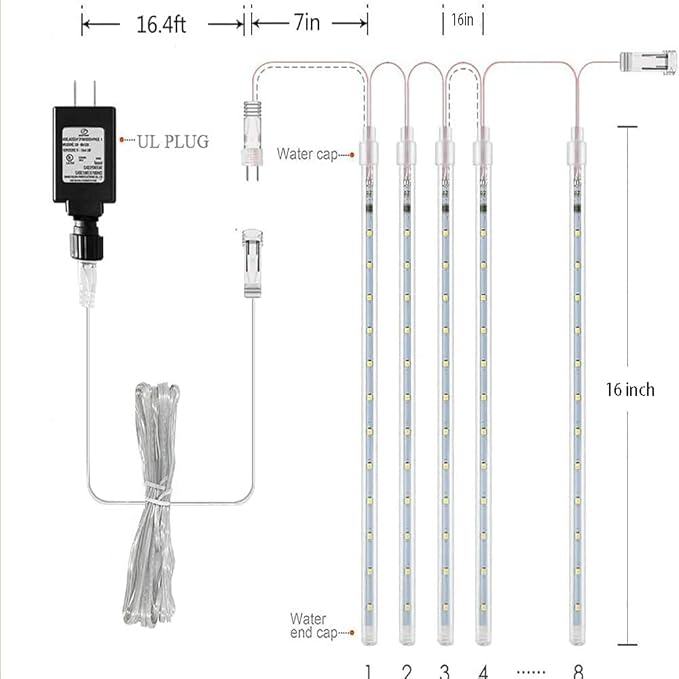 Outdoor Meteor Shower Lights - 16 Inch 8 Tube Snow Falling Icicle Cascading Lights for Xmas, Wedding Party, UL Plug, White