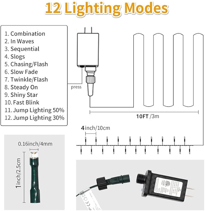 Christmas Light 100 LEDs 41ft Green Cable Wire Fairy String Twinkle Lights Plug in 12 Modes for Xmas Tree, Party, Outdoor, Garden, Wedding, Home Decoration (White)