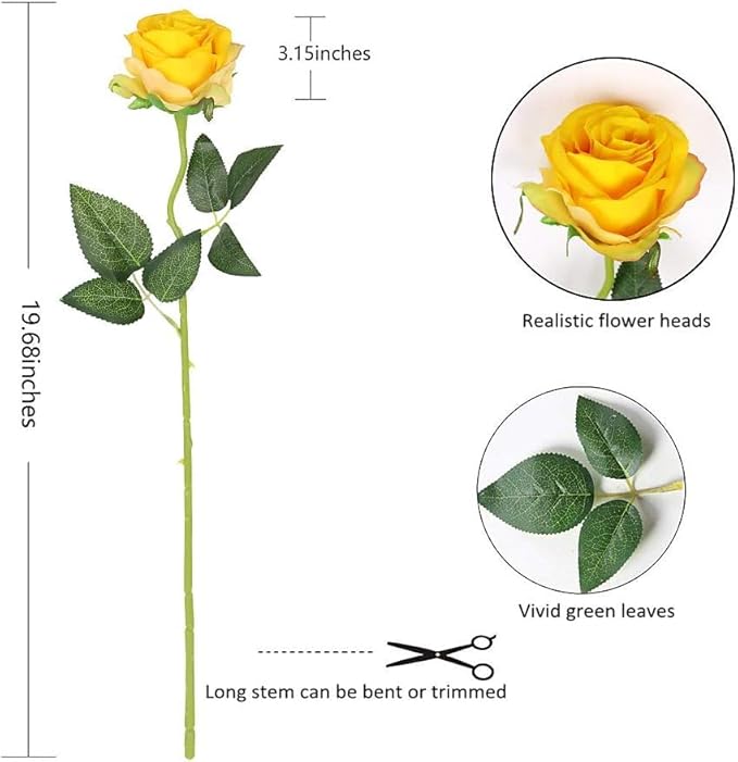 Yellow Fake Roses Artificial Flowers - 10 Pcs Fake Artificial Roses Silk Flowers with Stems for Home Wedding Hotel Office Centerpiece Decor