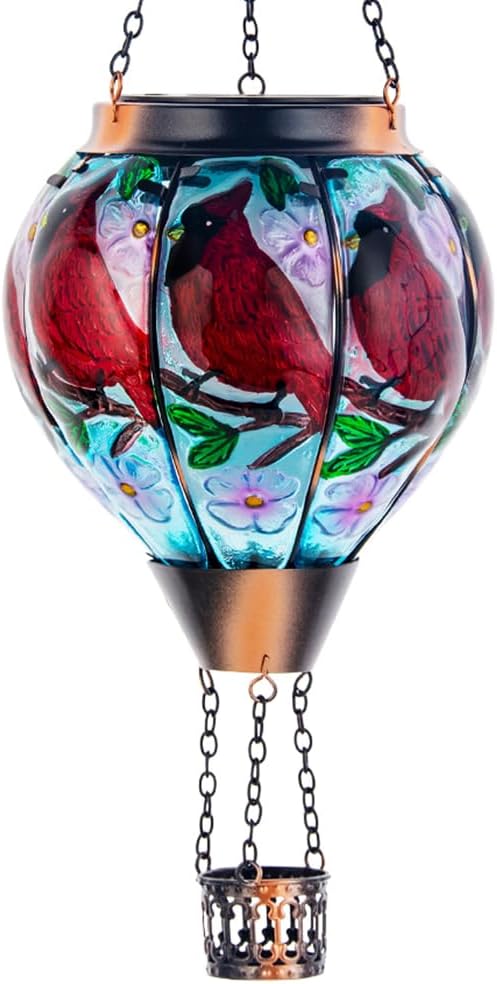 DREAMSOUL Cardinal Hot Air Balloon Solar Lantern, Hanging Solar Lanterns Outdoor with Flickering Flame Light, Glass Outdoor Lantern Waterproof for Patio Yard Party Gift Decor Christmas Gifts