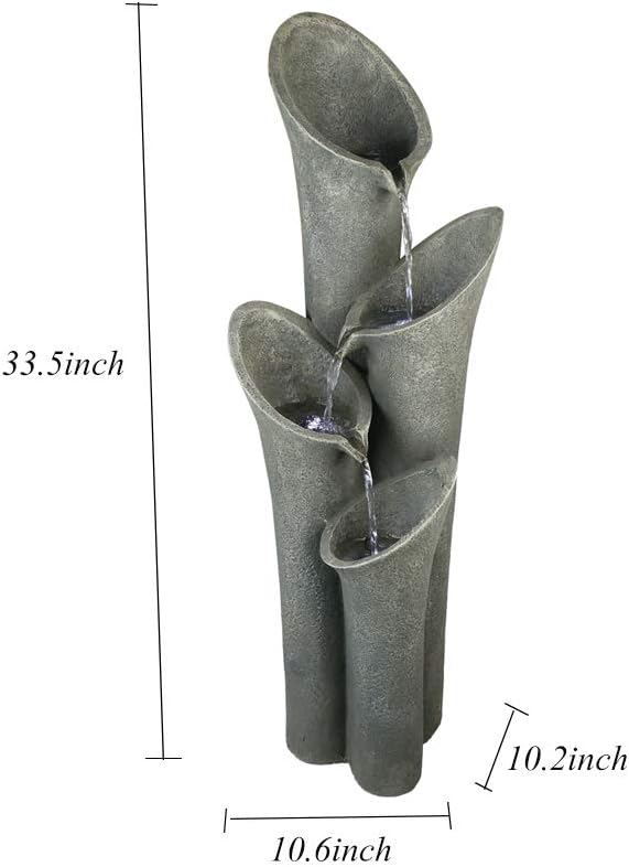 4-Tier Faux Stone LED Floor Fountain, 33.5 Inch Waterfall Outdoor Fountain LED Illuminated Water Feature for Patio Garden
