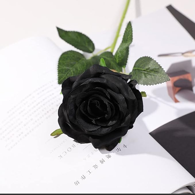 Hawesome 12PCS Artificial Silk Flowers Realistic Roses Bouquet Long Stem for Home Wedding Decoration Party (12PCS-Black)