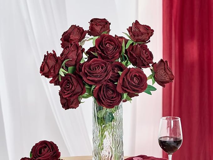 Serwalin 20pcs Artificial Dark Red Roses, 4'' Big Velvet Flower Head Fake Roses, Realistic Silk Roses Real Touch Bouquet Long Stems for Wedding Home Decor and Table Centerpiece