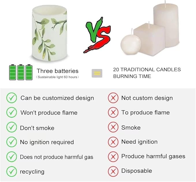 Green Leaves Flameless Candles Battery Operated Candles Set of 4 with 18-Key Remote Control Timer Dancing Flame Pillar Candles for Home Beach Hotel