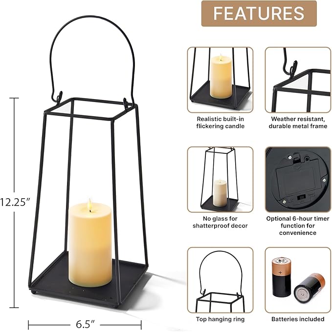 LampLust Black Lanterns Decorative Outdoor with Flameless Candle, 12 Inch, Black Metal Candle Lantern, No Glass, Batteries Included, Outdoor Lanterns for Front Porch or Patio, Farmhouse Outdoor Décor