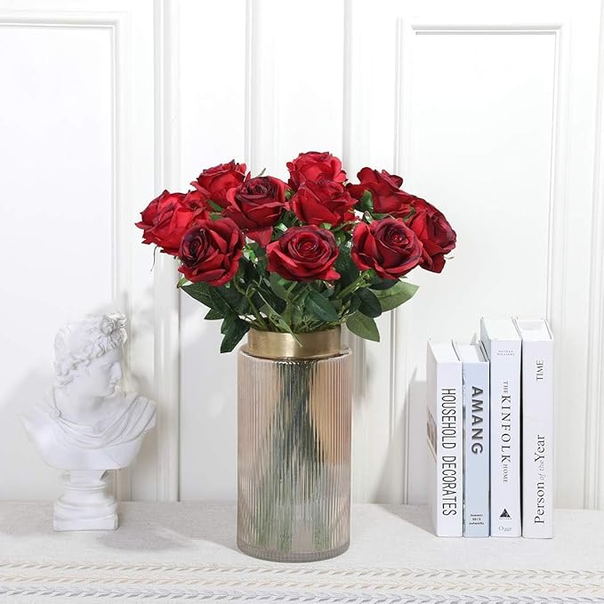 Burgundy Fake Roses Artificial Flowers - 10 Pcs Fake Artificial Roses Silk Flowers with Stems for Home Wedding Hotel Office Centerpiece Decor（Burgundy）