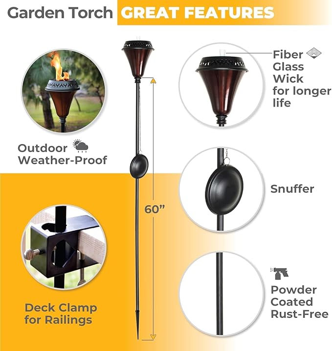 Garden Torch Large Flame - Deco Home Garden Torch Set of 2 | Citronella Garden Outdoor/Patio Outdoor Lighting Torch for Party Patio Pathway with Spikes and Deck Clamp | Caramel Black