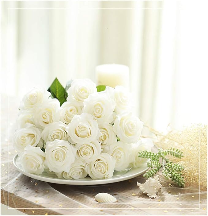 Amzali Artificial Flowers, Real Looking Blush Fake Rose Long Stem Silk Artificial Rose Flowers Home Decor for Bridal Wedding Bouquet, Centerpieces Birthday Flower Party Garden floral Arrangement White