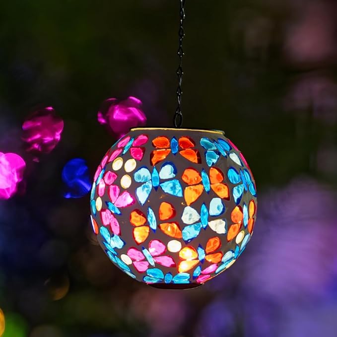 Hanging Solar Lanterns Outdoor Waterproof, Decorative Mosaic Butterfly Solar Lantern, Gazing Ball Globe Hanging Lantern for Patio Garden Yard Home Decor