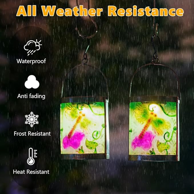 2 Pack Glass Dragonfly Solar Lanterns Outdoor Waterproof, Hanging LED Solar Lantern for Tabletop Garden Patio Decor