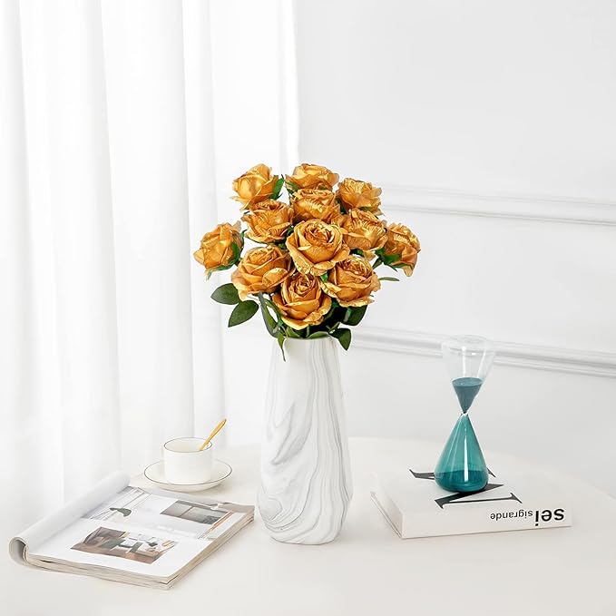 Hawesome 12PCS Artificial Silk Flowers Realistic Roses Bouquet Long Stem for Home Wedding Decoration Party (Gold-1)