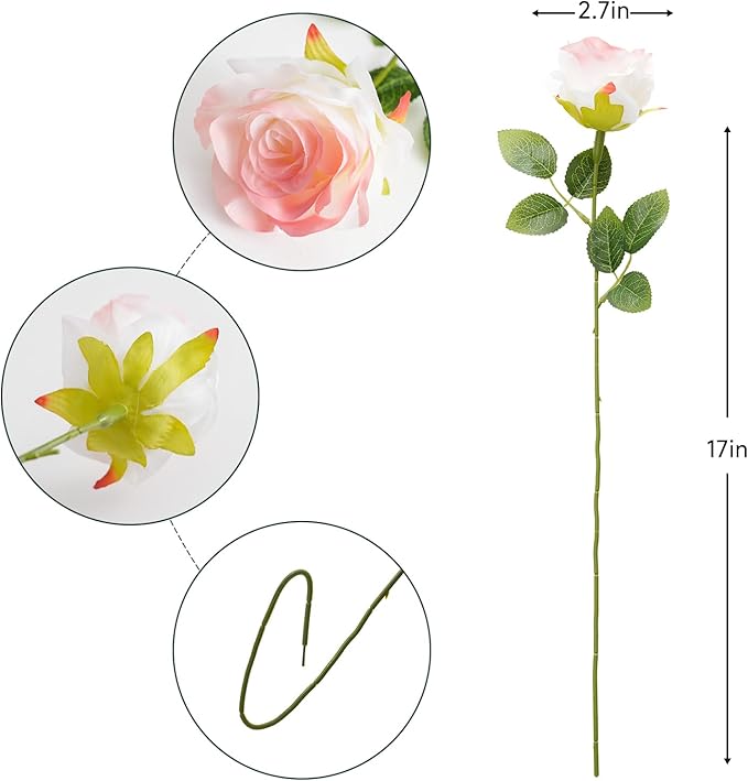 Rose Pink Artificial Roses Fake Flowers Not Bend The Peduncle with Stems for DIY Wedding Bouquets Bridal Shower Centerpieces Arrangements Tables Decorations 24pcs