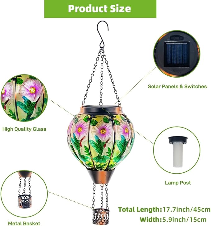 DREAMSOUL 2PCS Hummingbird Hot Air Balloon Solar Lantern, Hanging Glass Solar Lanterns Outdoor Waterproof for Garden Tree