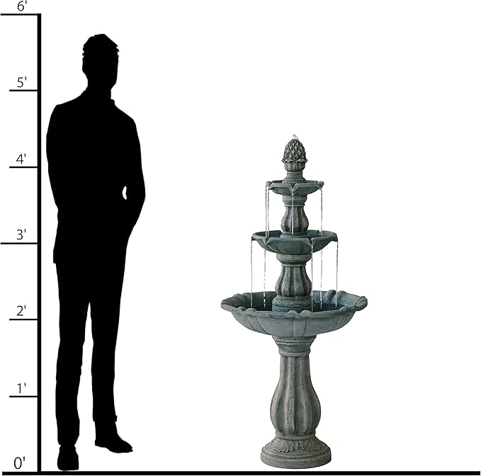 XBrand 3-Tier Freestanding Waterfall Fountain w/Pump & Pineapple Top, 51 Inch Tall, Grey, Large Outdoor Garden Fountain, Ideal for Garden, Porch, and Lawn