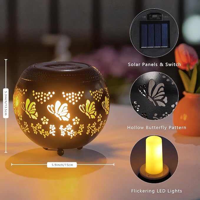 VEWOGARDEN 2 Pack Solar Lanterns Outdoor Waterproof Solar Lantern Hollow Out Metal Butterfly Lantern Solar Lights for Patio Garden Table Decor