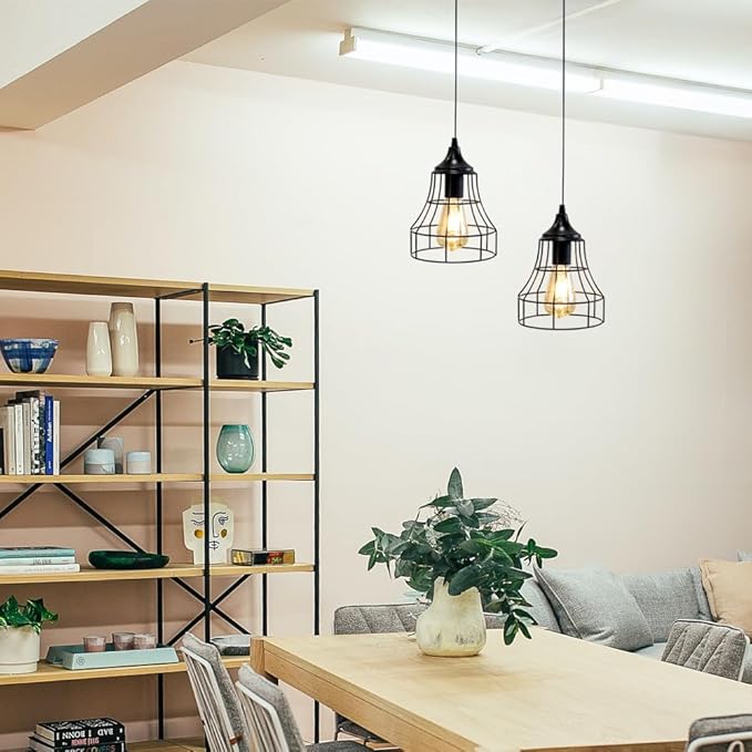 JHY DESIGN Hanging Lamp Black Battery Powered Decorative Pendant Lamp Metal Cage Battery Lamp with 6 Hours Timer for Bar Bedroom Garden Parties Patio Indoor Outdoor Living Room(Geometry)