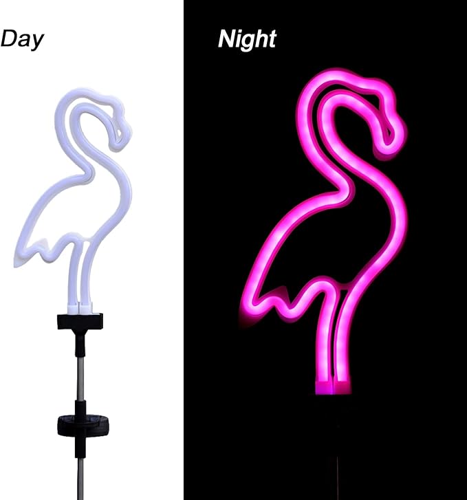 Flamingo Solar Garden Stake Lights, [Set of 2] Outdoor Solar Pathway Light for Lawn Patio Yard Walkway, Neon Pink Lighting (29.5" Height)