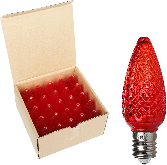 Vibrant Red LED Bulbs - Pack of 25 Dimmable UL Listed IP65 C9 Replacement Bulbs for Outdoor Christmas Decorations