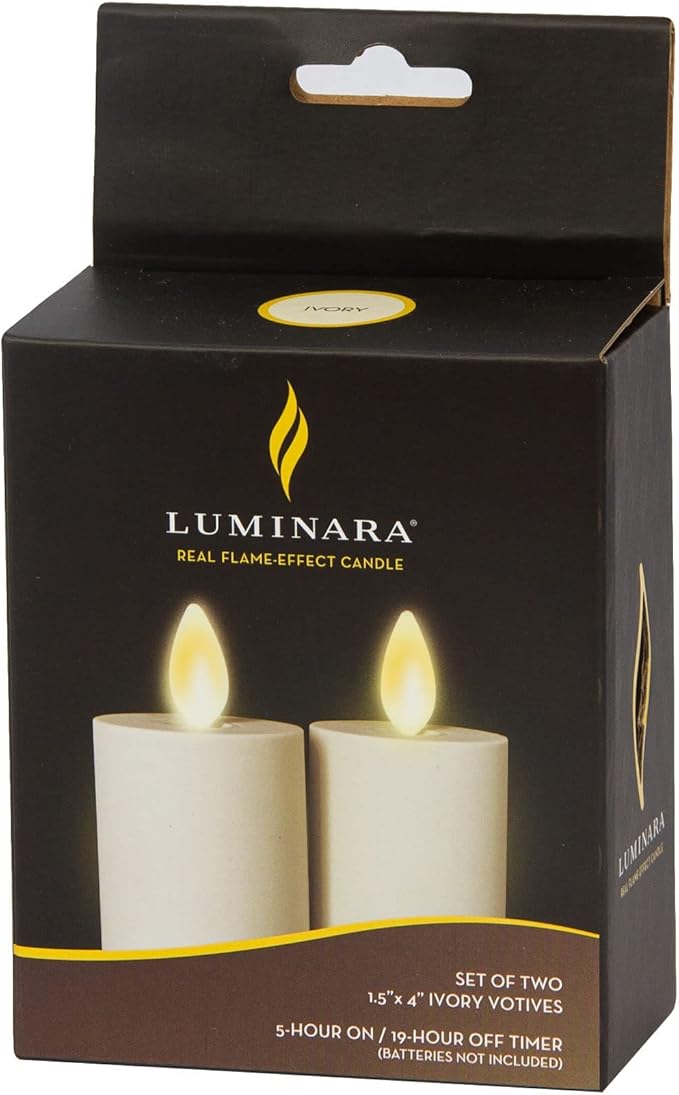Luminara Outdoor Votive Flameless LED Candle, Set of 2 Ivory 1.5" x 4", Moving Flame Battery Operated Timer Remote Ready IPX4 Matte Plastic Finish