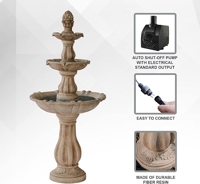 XBrand 3-Tier Freestanding Waterfall Fountain w/Pump & Pineapple Top, 51 Inch Tall, Beige, Large Outdoor Garden Fountain, Ideal for Garden, Porch, and Lawn