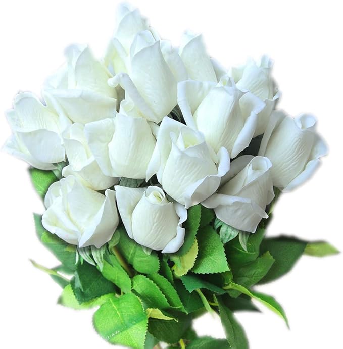 12pcs Real Look Artificial Rose Buds, 22 Inch Real Touch Silk Rosebud, Realistic Design Artificial Flower with Real Feel Petals,Silk Flower Bud for Wedding Home Décor,White
