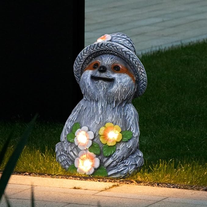 Solar Garden Outdoor Statues Adorable Sloth Figurine Lights with 4 LEDs, Ideal Garden Decor for Lawn, Patio, Balcony and Yard. Exquisite Lawn Ornament and Unique Gifts for Mom and Grandma