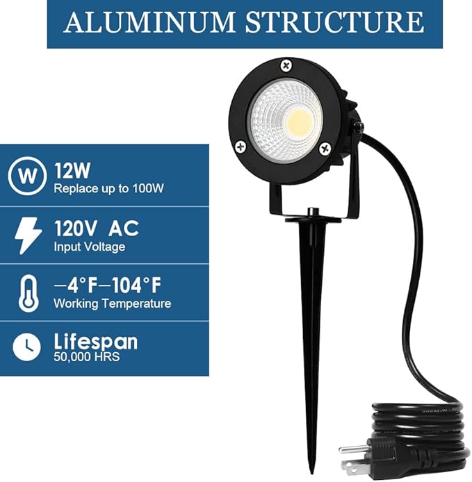 12W LED Landscape Spotlight,120V Landscape Lighting Outdoor for Mounted Flag Pole Light,IP65 Landscape Lights Warm White Garden Decorative Lamp 6FT Cord with US 3 Prong (Base,Stake Included)