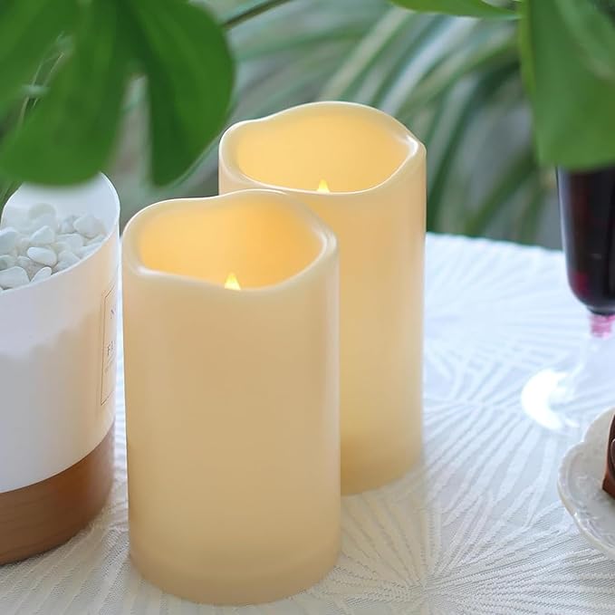 2 Pack 5'' Outdoor Battery Operated Candles with Timer Flameless LED Flickering Candles Waterproof Electric Pillar Decorative Candle for Wedding Party Home Lantern Garden