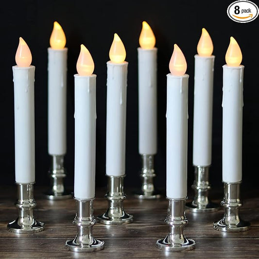 DRomance 9" Flameless Window Taper Candles Battery Operated with 8-Key Remote and Timer, 8 Pack White Christmas Holdiay Window Candles with Silver Holders, Suction Cups and AA Batteries Included