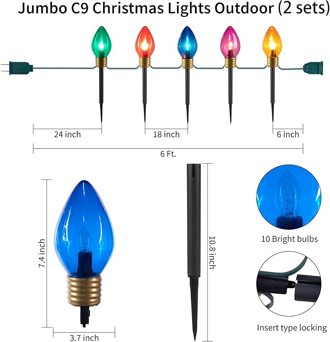 2 Pack Christmas Lights Jumbo C9 Outdoor Lawn Decorations with Pathway Marker Stakes, 8.5Ft C7 Lights Covered Jumbo Glitter Multicolor Bulb for Holiday Outside Yard Garden Decor, 10 Lights