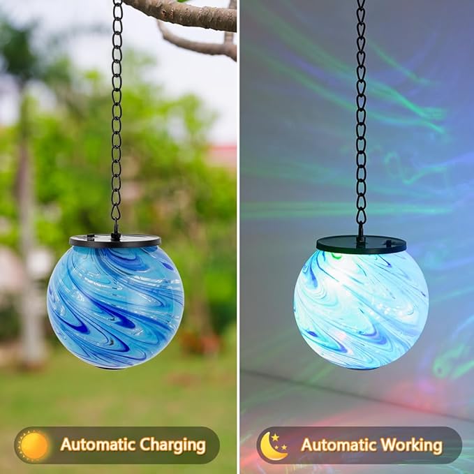 Hanging Solar Lanterns Outdoor Waterproof, Color Changing LED Solar Lantern, Gazing Ball Globe Hanging Lantern Decor for Yard Garden Patio