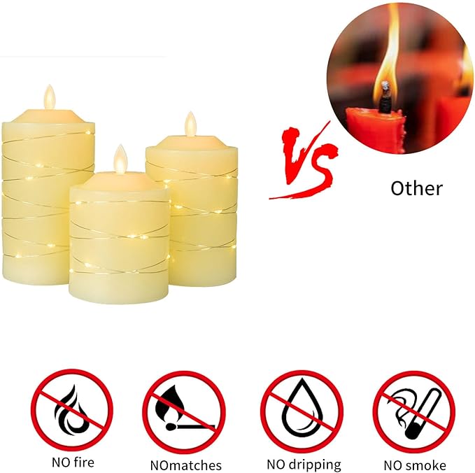 Battery Operated Flameless LED Candles: with Embedded String Lights, 3 Pack Flickering Electric Candle with 10-Key Remote Control for Seasonal Festival Celebration Real Wax(Batteries not Included)