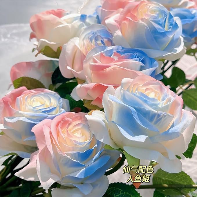 Pink Blue Mix Artificial Roses Fake Flowers Not Bend The Peduncle with Stems for DIY Wedding Bouquets Bridal Shower Centerpieces Arrangements Tables Decorations 24pcs