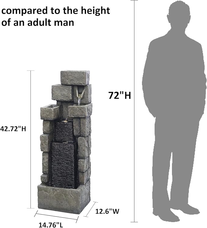 YZM 42.72" H Modern Stacking Bricks Water Fountain Outdoor Cascading Waterfall Fountains with Led Lights for Gardens Landscaping Patios Balconies and Lawns Decor for Outside