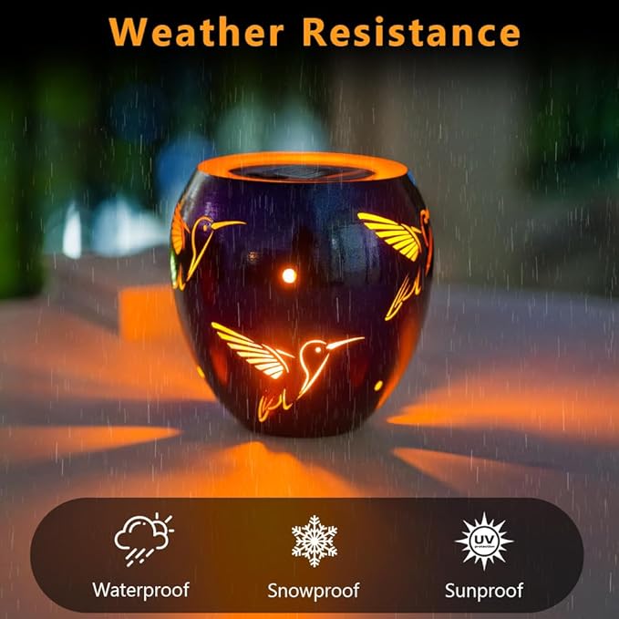 VEWOGARDEN Solar Lanterns Outdoor Waterproof Hummingbird Hollowed-Out Metal Lantern Solar Lights with Flickering Flame for Patio Porch Table, Purple