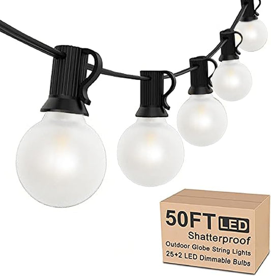 Outdoor String Lights 50Ft G4O Globe LED Patio Lights with 27 Shatterproof Frosted White Bulbs, Connectable Commercial Decorations Lights for Outdoor Porch Backyar Garden Wedding Lghting