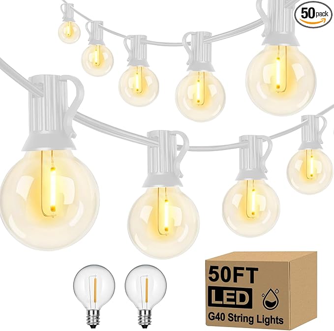 Outdoor LED String Lights 50ft - G40 Edison Bulbs with Clear Plastic Globes, Dimmable Waterproof Commercial Grade Fairy Lights for Wedding/Backyard/Cafe, Indoor Outdoor Party Decoration (Warm White)