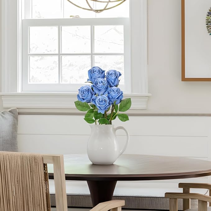 Briful Blue Roses Artificial Flowers– 6PCS 18.9" Faux Rose Silk Flowers with Long Stems Realistic Fake Rose Bouquet for DIY Wedding Arrangements Table Vase Centerpieces Home Event Decor