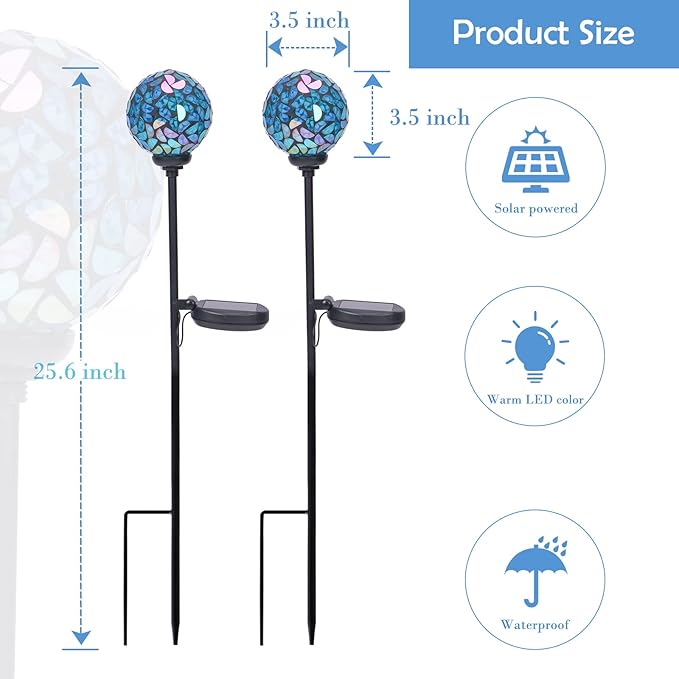 Afirst Solar Outdoor Lights Decorative Mosaic - Solar Garden Stakes Mosaic Gazing Ball Waterproof Outdoor Lights Stakes for Pathway Yard Lawn Decoration Navy Blue 2 Packs