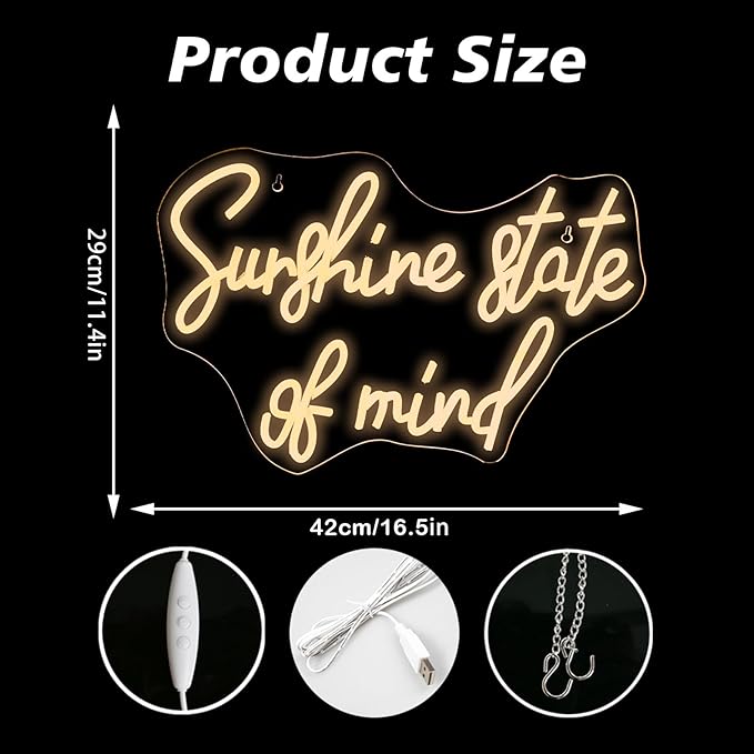 Sunshine State of Mind Neon Sign for Wall Decor,Neon Light Sign for Cafe Bar Kitchen Restaurant Coffee Dessert Shop Party