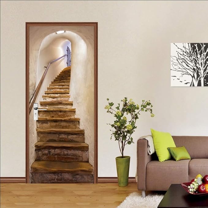3D Door Stickers Murals - Stairs - Peel & Stick - Waterproof & Washable - Beige - Modern Style - Door & Wall - 2 Pack - 30.3" x 78.7"