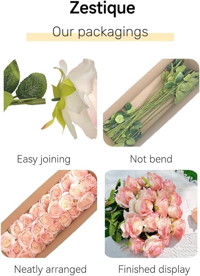 Rose Pink Artificial Roses Fake Flowers Not Bend The Peduncle with Stems for DIY Wedding Bouquets Bridal Shower Centerpieces Arrangements Tables Decorations 24pcs
